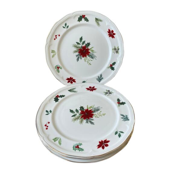 Grace Teaware Christmas Poinsettia Dinner Plates 10.25in Set 4 Holly Berry New - Picture 3 of 16